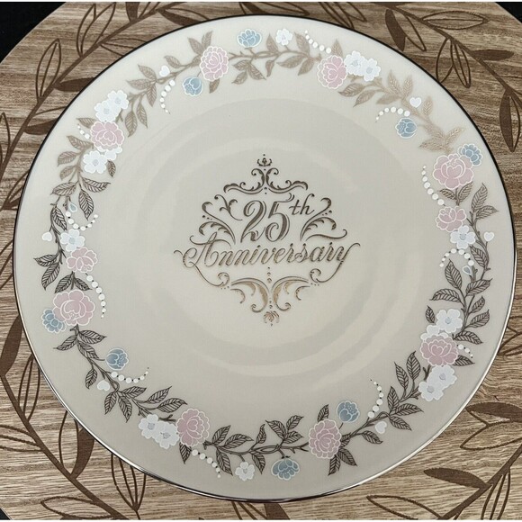 25th Anniversary Luncheon Size Lenox Plate Silver Rim Pink/Blue/White Flowers - Picture 4 of 5